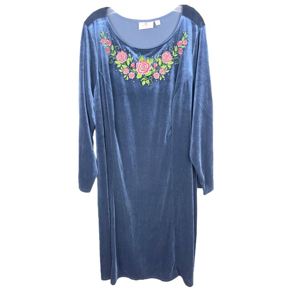 Quacker Factory Plus Size 3X Dress Blue‎ Velvet Embroidered Rhinestone Midi 465